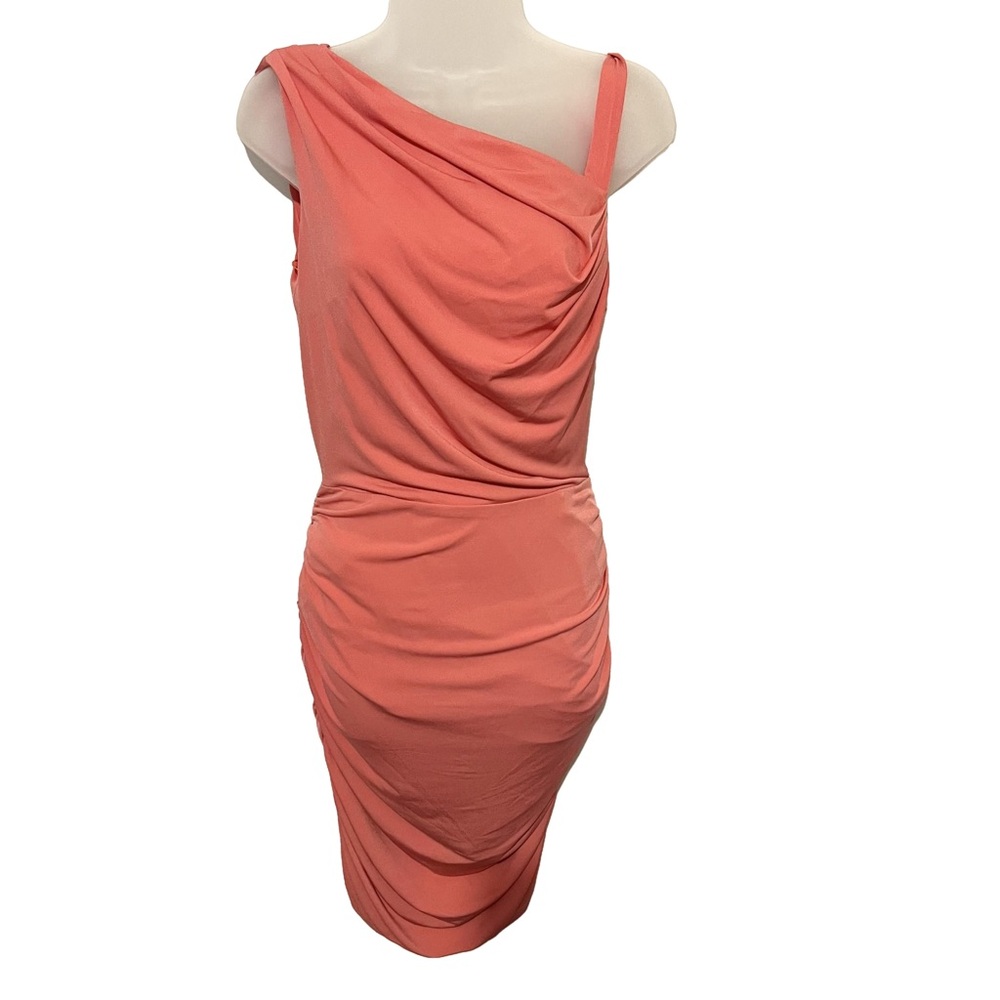 New Jessica Simpson Dress 12 Coral Pink Ruched Knee Cocktail Dress Shoulder Tie